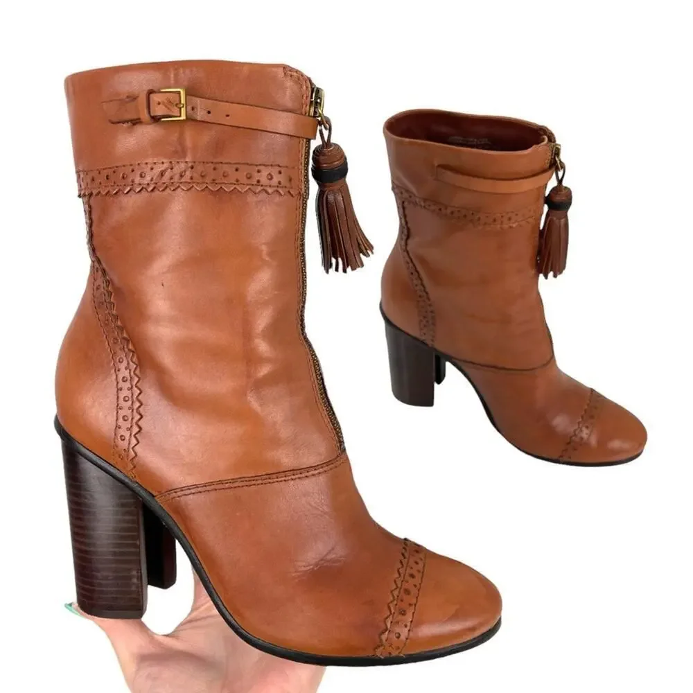TORY BURCH Womens Size 8 Huxley Brown Leather Ankle Boots Tassel Zipper Shoes